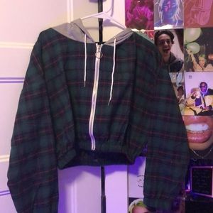 Cropped plaid over the shoulder jacket